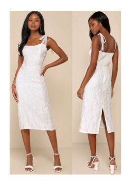 Lulus Gorgeous Persona White Satin Jacquard Tie-Strap Midi Dress Medium NWOT